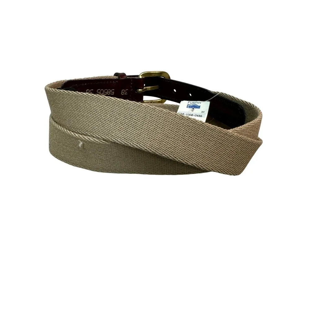 NWT Canterbury of New Zealand Mens Web Belt Tan Canvas Burgundy Leather Brass 38